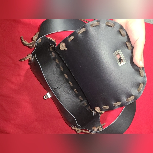 Black Genuine Leather Laced Shoulder Bag Boho - Picture 10 of 11